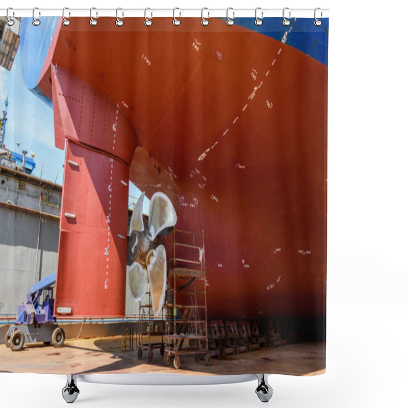 Personality  Cargo Vessel In Dry Dock On Ship Repairing Yard. Variable Pitch Propeller And Rudder. Shower Curtains