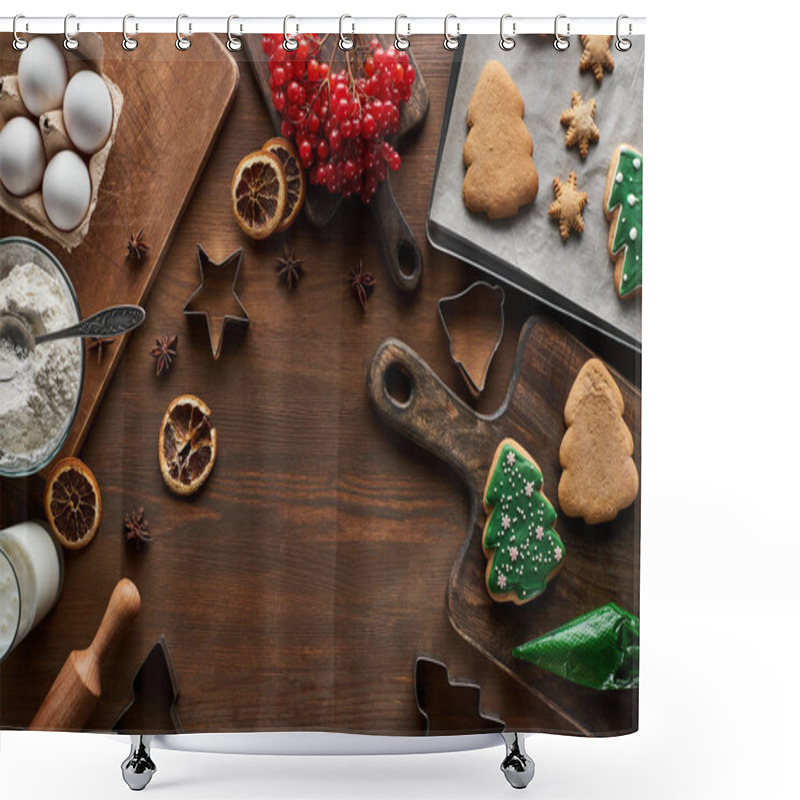 Personality  Top View Of Glazed Christmas Cookies Near Ingredients, Dough Molds And Viburnum On Wooden Table Shower Curtains