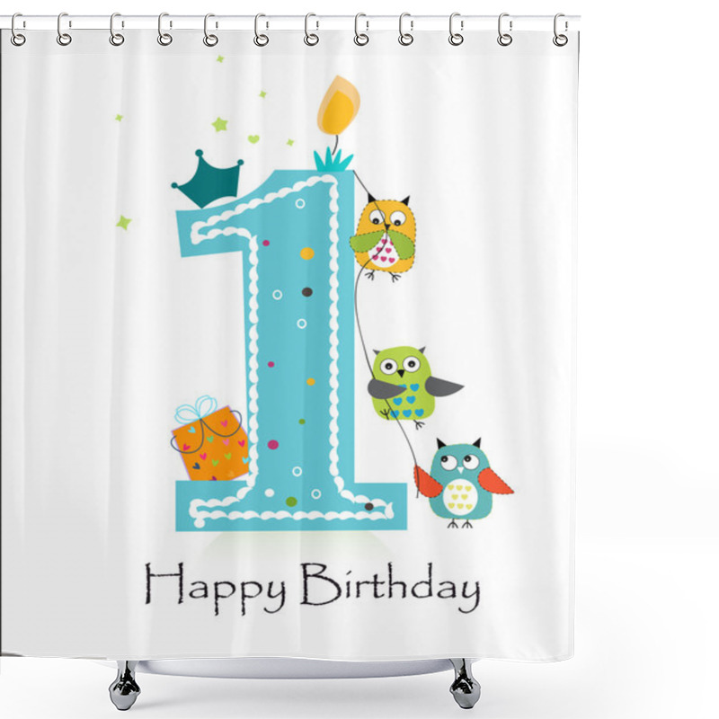 Personality  Happy First Birthday With Owls Baby Boy Greeting Card Vector Shower Curtains