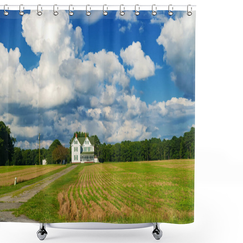 Personality  Two-story Country Farmer's Home With A Large Mown Field In The Front Yard. Landscape Under A Blue Cloudy Sky. Shower Curtains