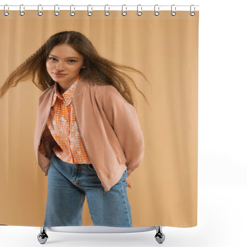 Personality  Pretty Teenage Girl In Autumnal And Casual Clothes Posing Isolated On Beige Shower Curtains