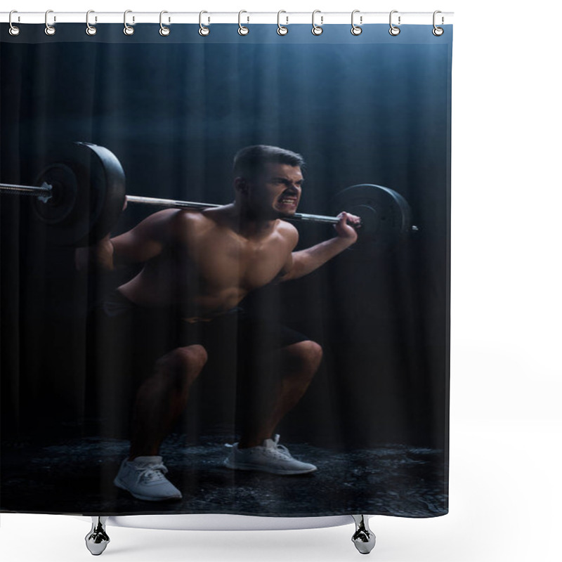 Personality  Tense Sexy Muscular Bodybuilder With Bare Torso Squatting With Barbell On Black Background Shower Curtains