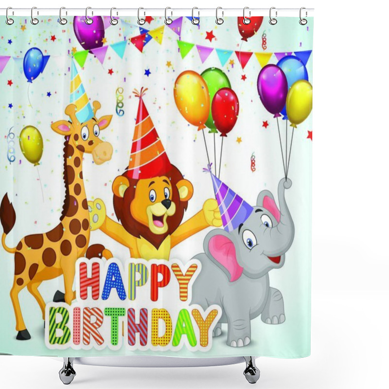 Personality  Birthday Background With Cartoon Lion, Giraffe And Elephant Shower Curtains