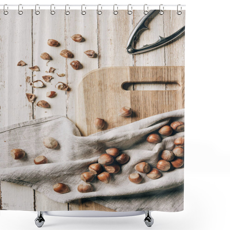 Personality  Top View Of Hazelnuts On Cloth, Chopping Board And Nutcracker On Wooden Table  Shower Curtains