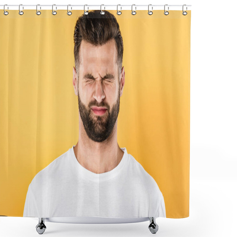 Personality  Scared Handsome Man In White T-shirt Squinting Isolated On Yellow Shower Curtains