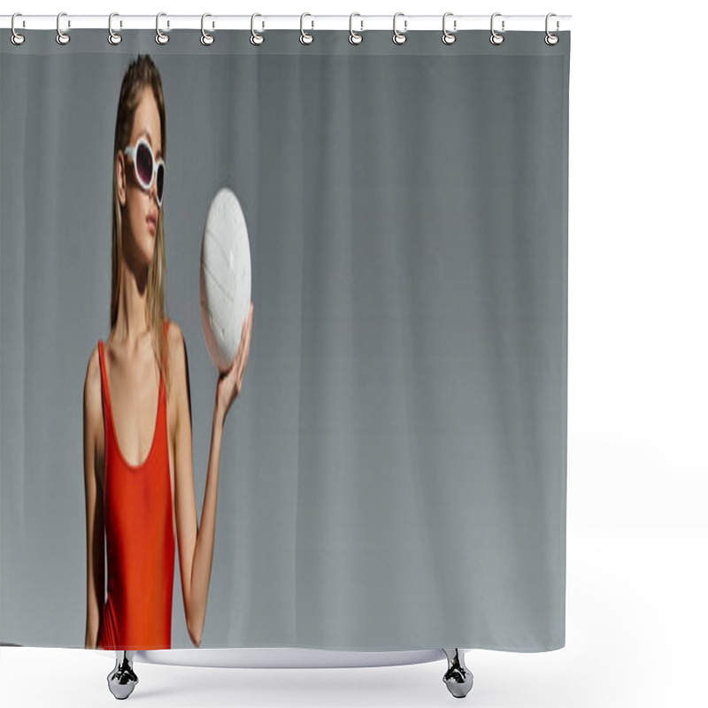 Personality  Blonde Woman In Trendy Orange Swimsuit Playing With White Ball. Shower Curtains