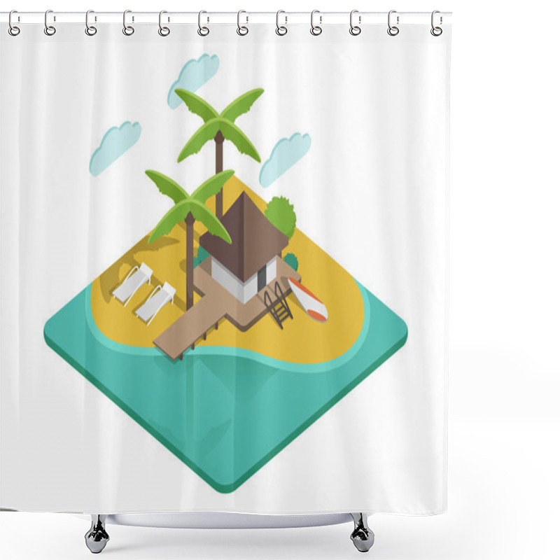 Personality  Isometric Island Flat Vector Illustartion With Palms, Bungalow, Bech Chairs, Beach, Surfboard And Ocean Sea Water. Bungalow Beach Vector Illustartion. Bungalow House Near Ocean. Summer Vacation Tropic Resort Scene Or Hotel On The Beach Relax Vector Shower Curtains