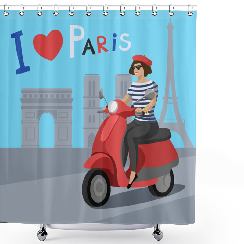 Personality  Woman Riding Scooter In Paris Street. Vector Illustration Shower Curtains