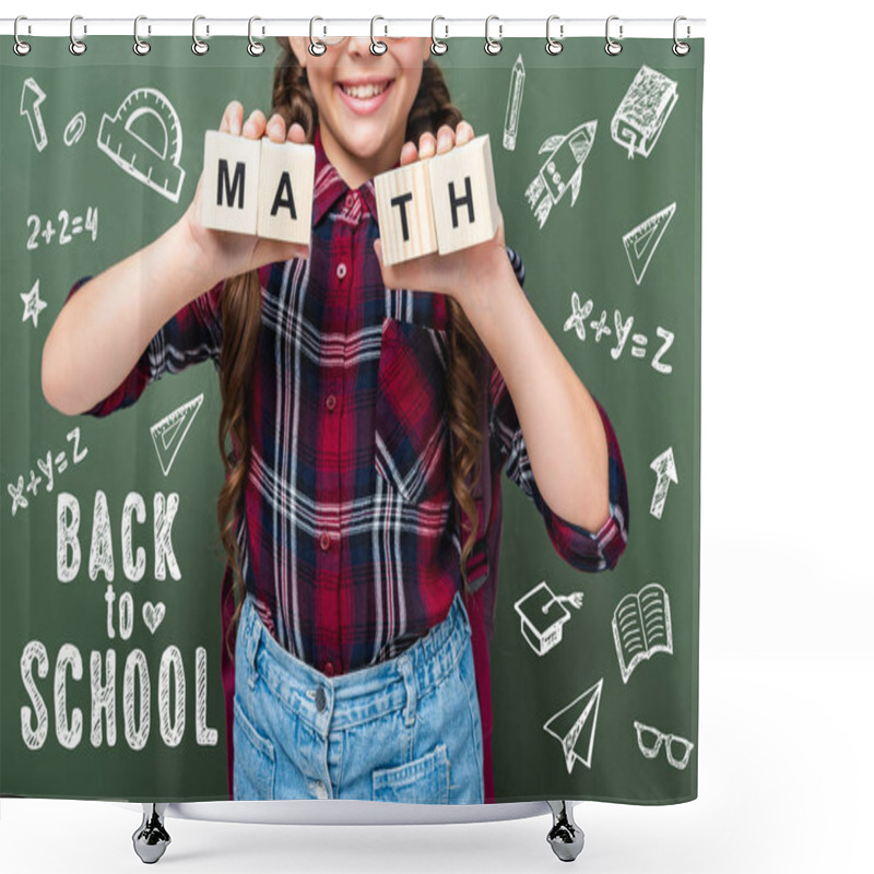 Personality  Cropped Image Of Schoolchild Holding Wooden Cubes With Word Math Near Blackboard With Back To School Lettering Shower Curtains