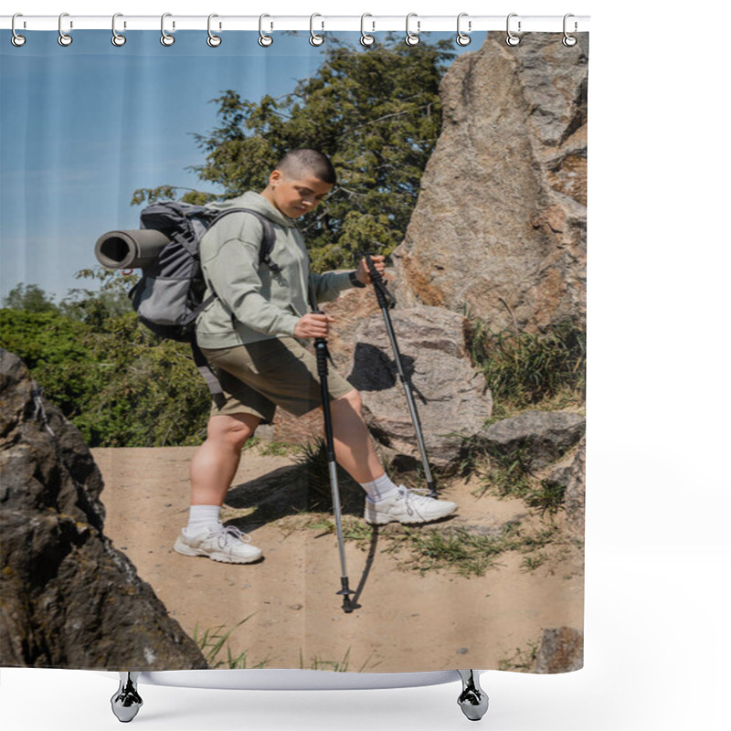 Personality  Young Short Haired Female Hiker With Backpack Holding Trekking Poles And Looking At Path While Standing Between Stones With Blue Sky At Background, Trekking Through Rugged Terrain, Summer Shower Curtains