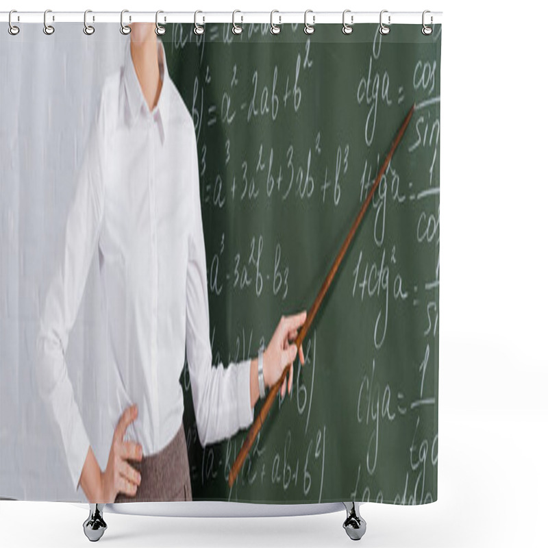 Personality  Cropped View Of Teacher Pointing At Chalkboard With Mathematic Equations, Banner  Shower Curtains