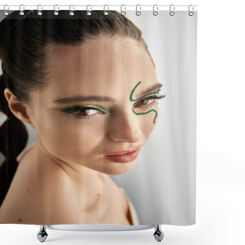 Personality  A Striking Young Woman Displays Elegant Snake-inspired Makeup In A Contemporary Studio. Shower Curtains