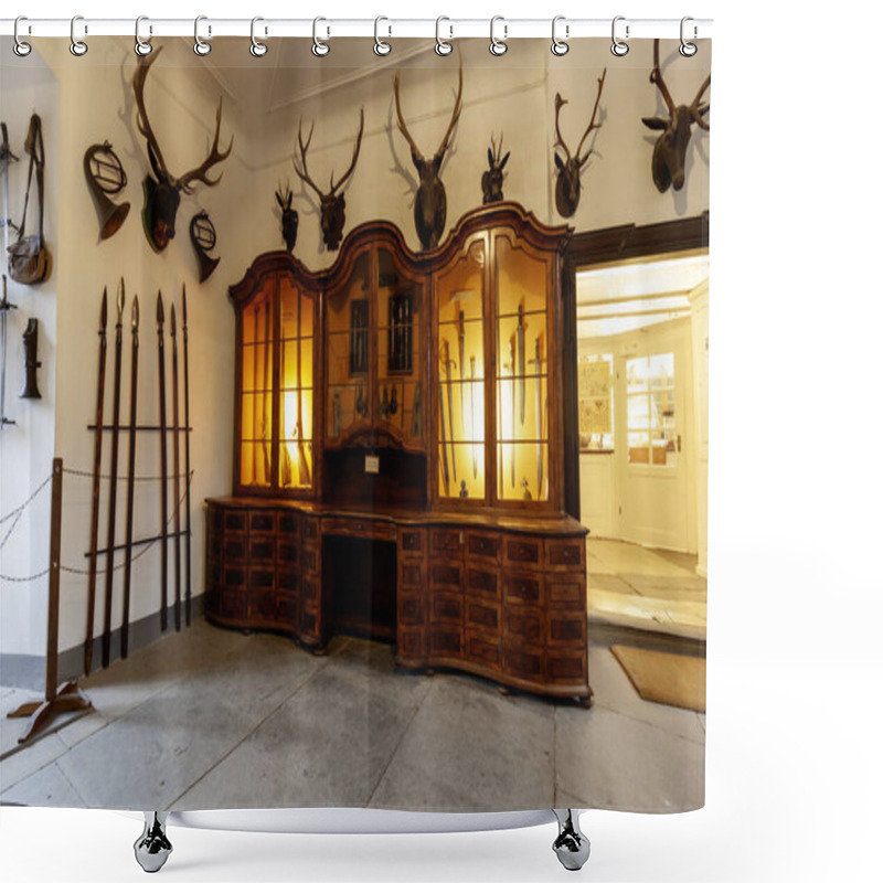 Personality  MEERSBURG, GERMANY - DECEMBER 7, 2024: Interior Of A Museum Hall In Meersburg Castle, Germany, Featuring Hunting Trophies, Antique Weapons Displayed In A Wooden Cabinet, And A Stone Floor Shower Curtains