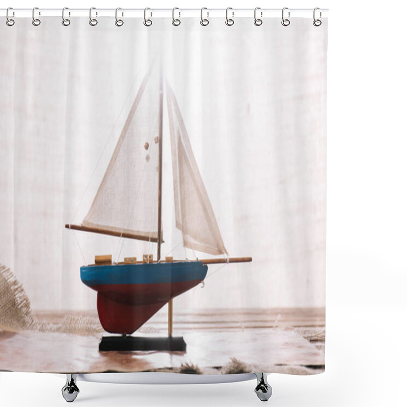 Personality  Decorative Ship With White Sail On Surface With Hessian Shower Curtains