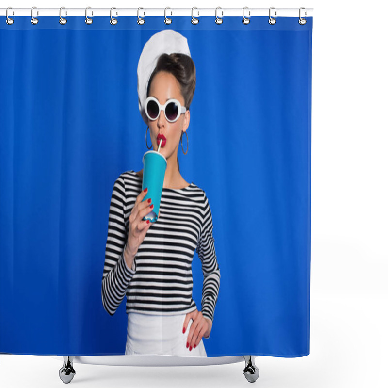 Personality  Portrait Of Stylish Young Woman With Beverage In Paper Cup Isolated On Blue Shower Curtains