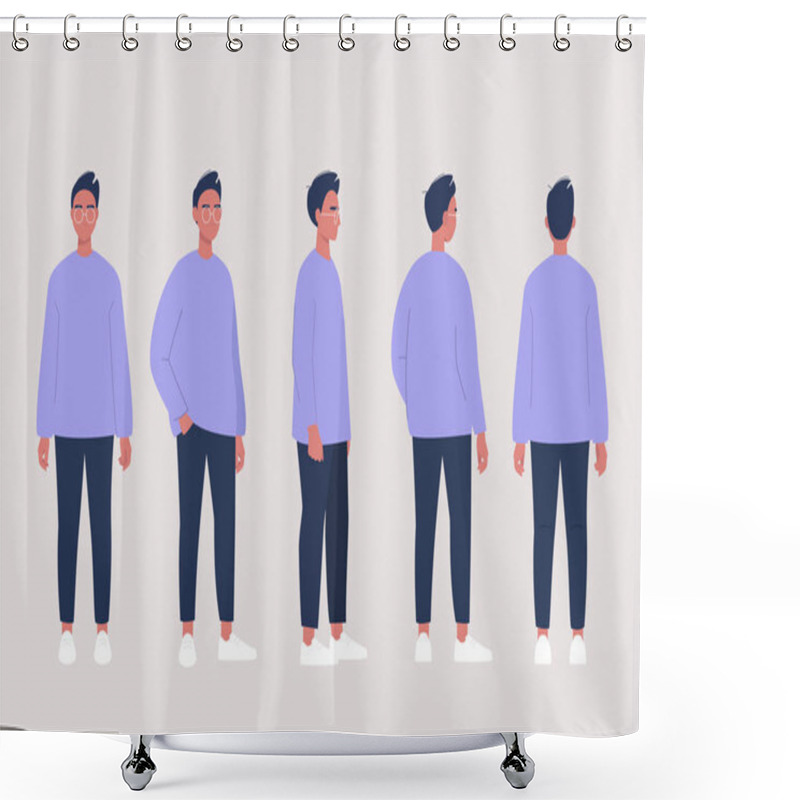 Personality  Young Male Character Poses Collection: Front, Side And Back Views Shower Curtains