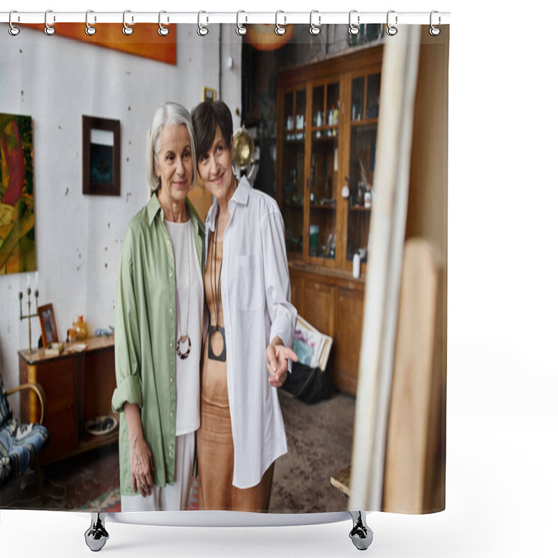 Personality  A Mature Lesbian Couple Shares A Tender Moment In An Art Studio. Shower Curtains