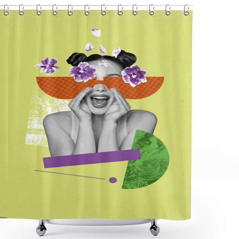 Personality  Vertical Photo Collage Of Young Girl Wear Glasses Scream Mouth Open Fly Flowers Petal Spring Atmosphere Isolated On Painted Background. Shower Curtains