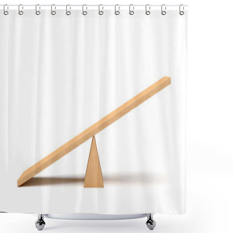 Personality  3d Rendering Of A Light Wooden Seesaw With The Left Side Leaning To The Ground On White Background. Shower Curtains