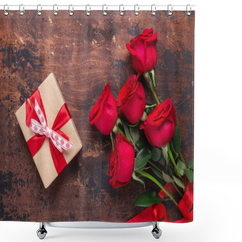 Personality  Red Roses And Gift Box On Wooden Background. Valentines Day Greeting Card Shower Curtains