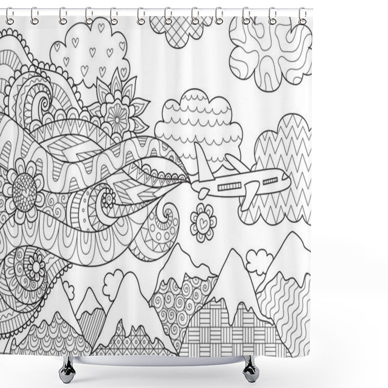 Personality  Zendoodle Design Of Airplane Flying Over Mountains For Design Element, Adult And Kids Coloring Book Pages. Stock Vector Shower Curtains