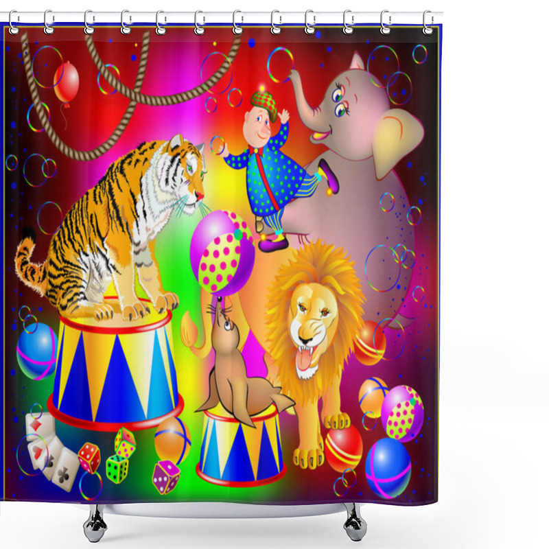 Personality  Illustration Of Fantasy Circus Performance With Animals And Merry Clown For Colorful Poster. Shower Curtains