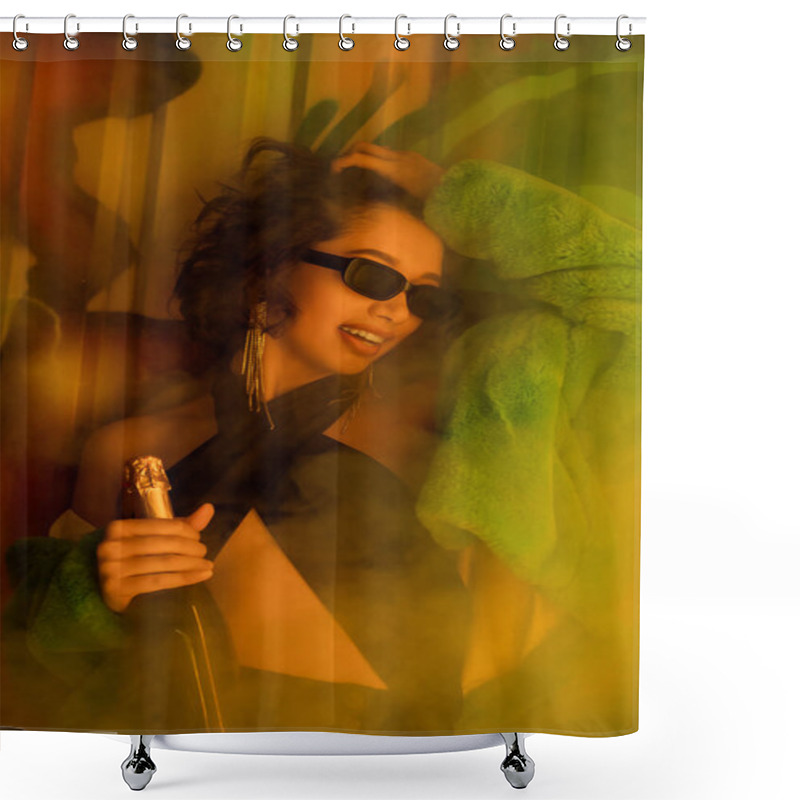 Personality  Cheerful And Trendy Woman In Sunglasses Holding Champagne Near Graffiti And Smoke In Night Club Shower Curtains