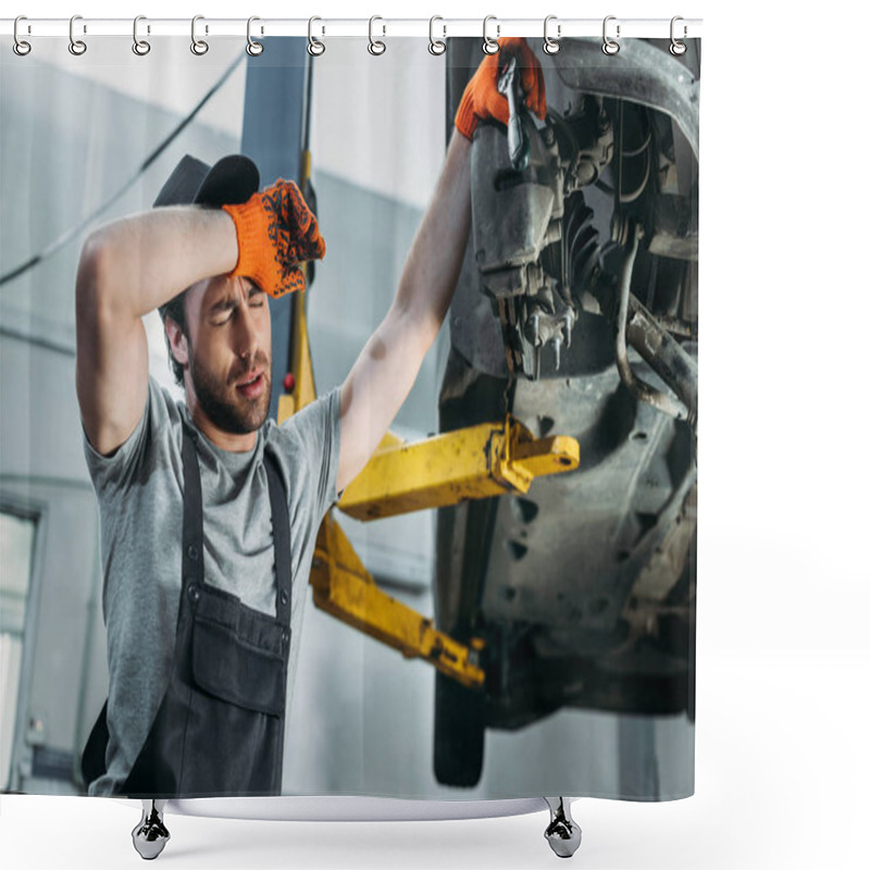 Personality  Professional Tired Mechanic In Uniform Repairing Car  Shower Curtains