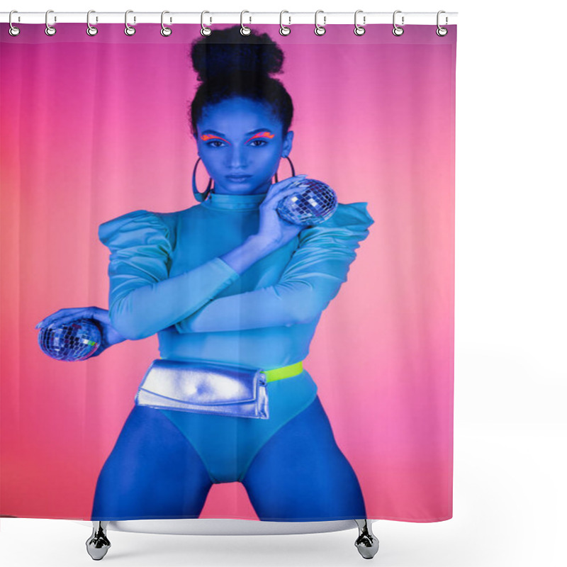 Personality  Fashionable African American Woman With Neon Visage Holding Disco Balls On Pink Background Shower Curtains