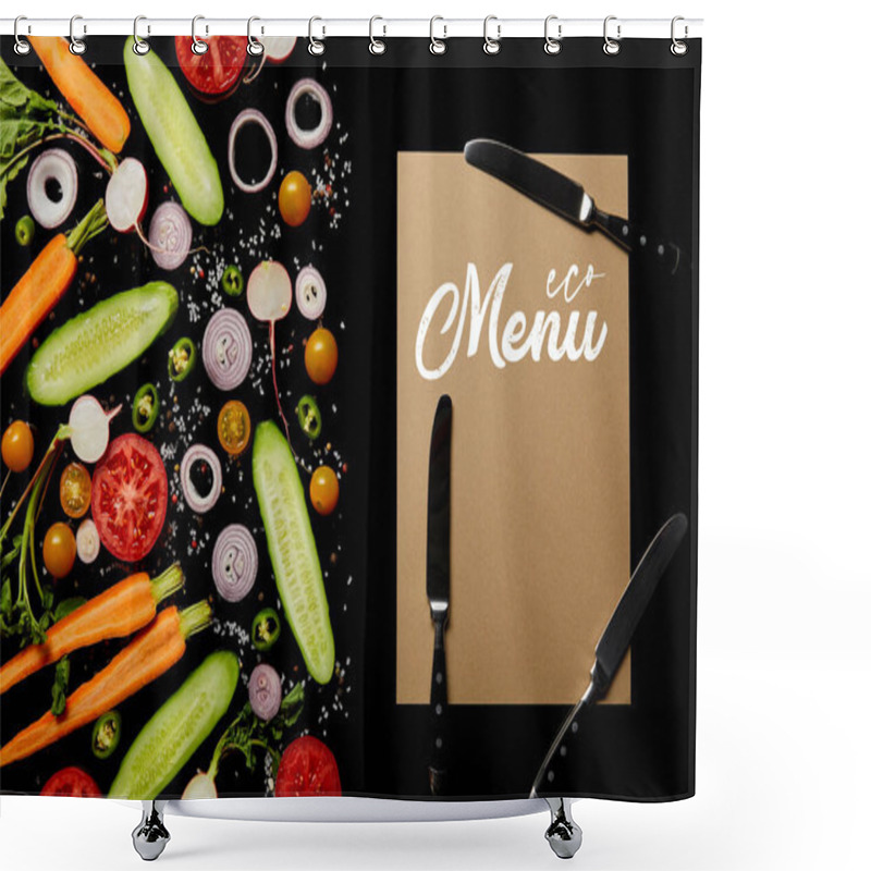 Personality  Top View Of Fresh Vegetable Slices With Salt Near Paper Card With Menu Illustration And Knives Isolated On Black  Shower Curtains