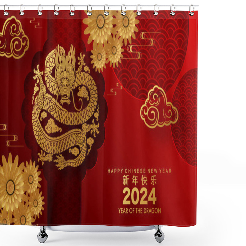 Personality  Happy Chinese New Year 2024 The Dragon Zodiac Sign With Flower,lantern,asian Elements Gold Paper Cut Style On Color Background. ( Translation : Happy New Year 2024 Year Of The Dragon ) Shower Curtains