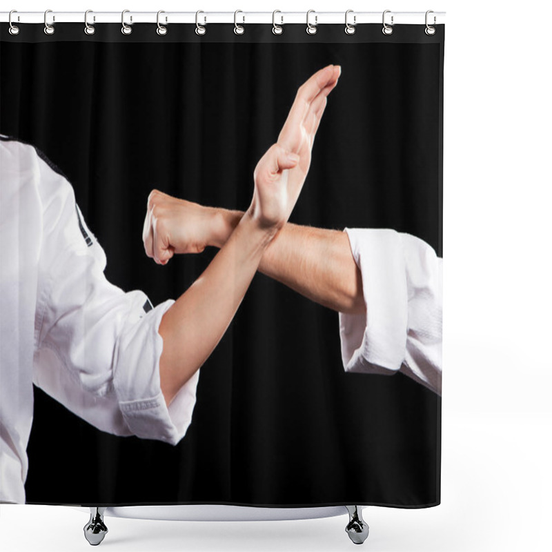 Personality  Two Fighting Hands In Kimono On Black Shower Curtains