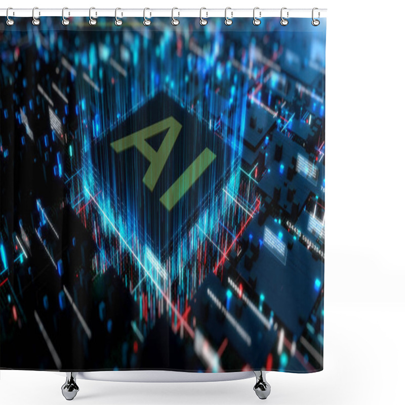 Personality  Artificial Intelligence AI On Circuit Board. Future Technology Concept Visualization. Big Data Transmission Connection. Technology Digital Data Network Abstract Background. 3d Rendering Shower Curtains