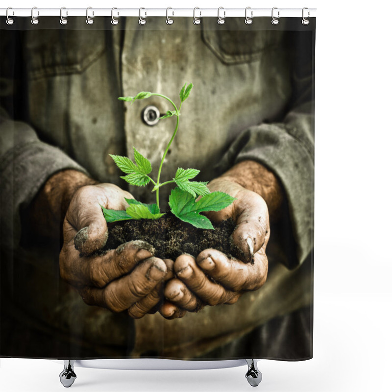 Personality  Man Hands Holding A Green Young Plant Shower Curtains