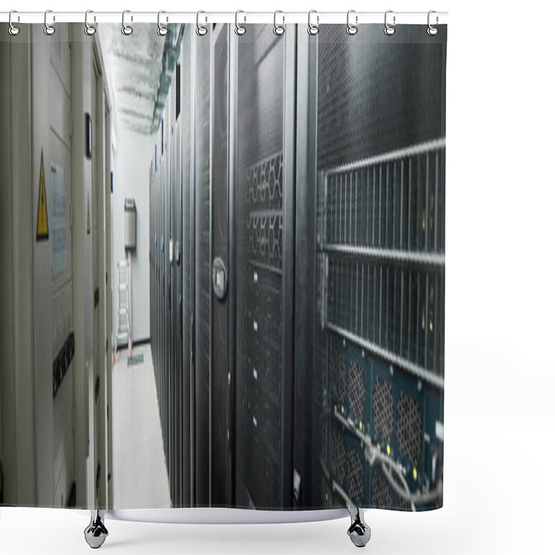 Personality  Rows Of Server Racks Highlight Advanced Computer Systems Supporting Cloud Services, Banner Shower Curtains