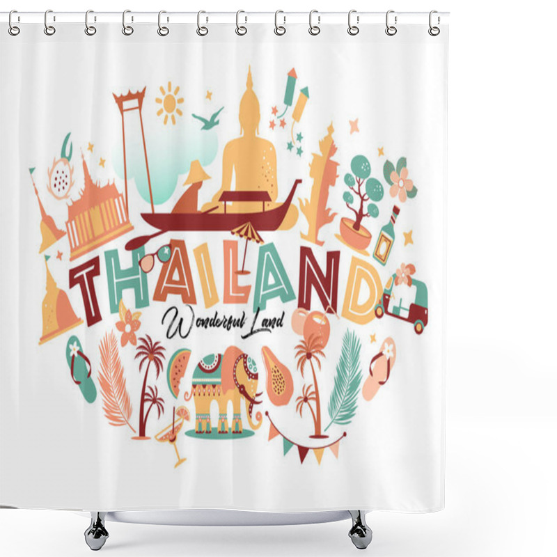 Personality  Collection Of Thailand Symbols With Text. Vector Poster. Postcard In Trend Color. Travel Illustration. Web Banner Of Travel With Letters. Shower Curtains