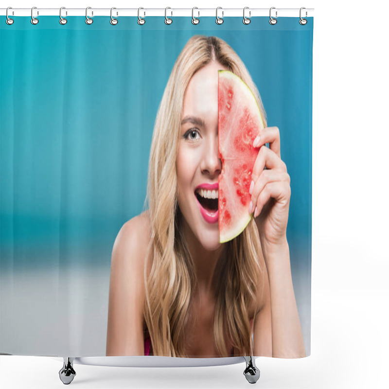 Personality  Smiling Woman Holding Watermelon Piece Shower Curtains