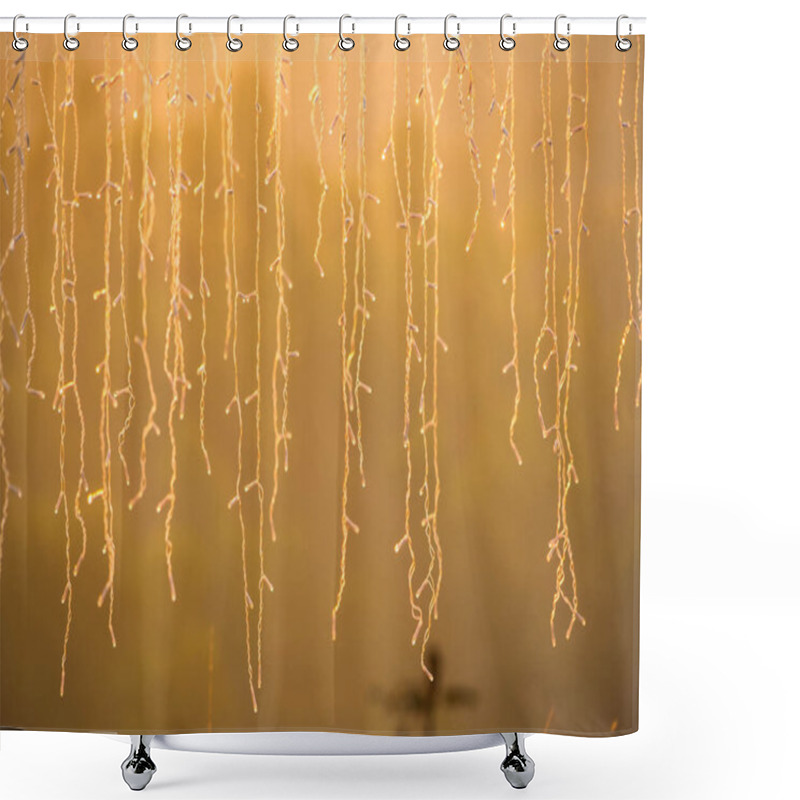 Personality  Golden Hour Fairy Lights: Enchanting String Lights Illuminating A Warm Sunrise Glow Shower Curtains