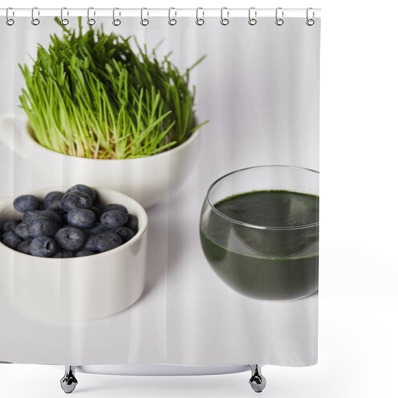 Personality  Fresh Drink From Spirulina, Cups With Spirulina Grass And Blueberries On Grey Background  Shower Curtains