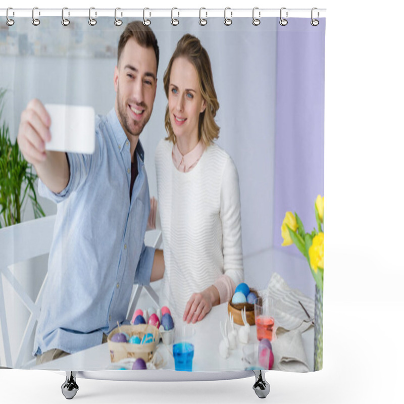 Personality  Young Man And Woman Taking Selfie While Painting Easter Eggs Shower Curtains