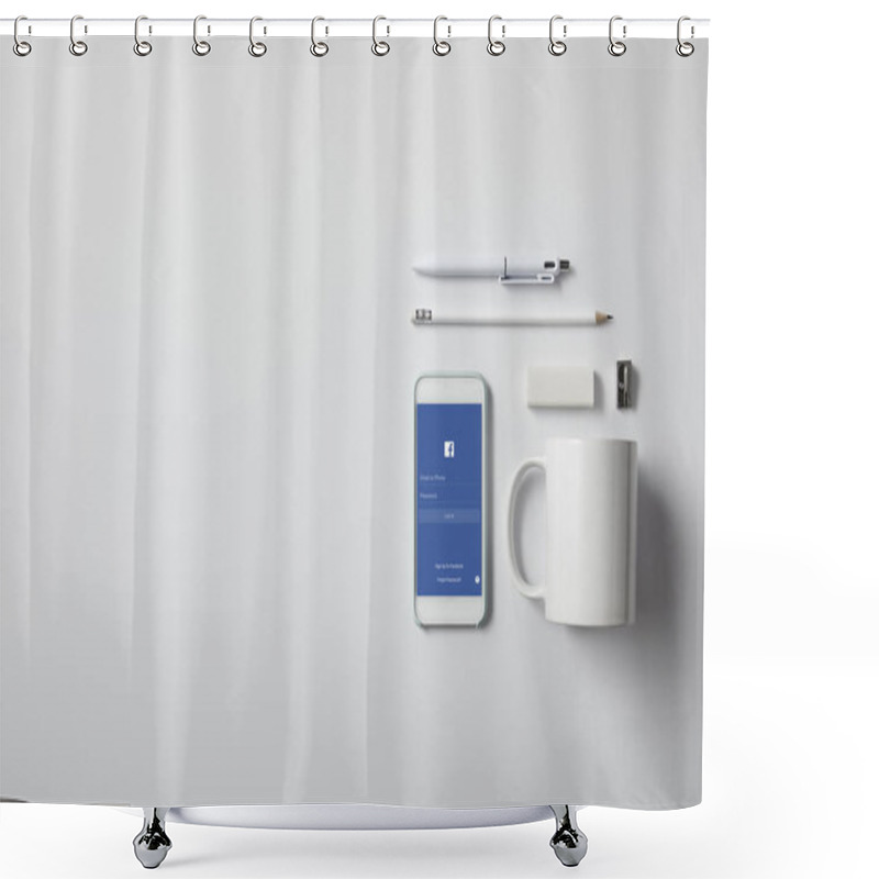 Personality  Top View Of Smartphone With Facebook App And Various Supplies On White Tabletop Shower Curtains