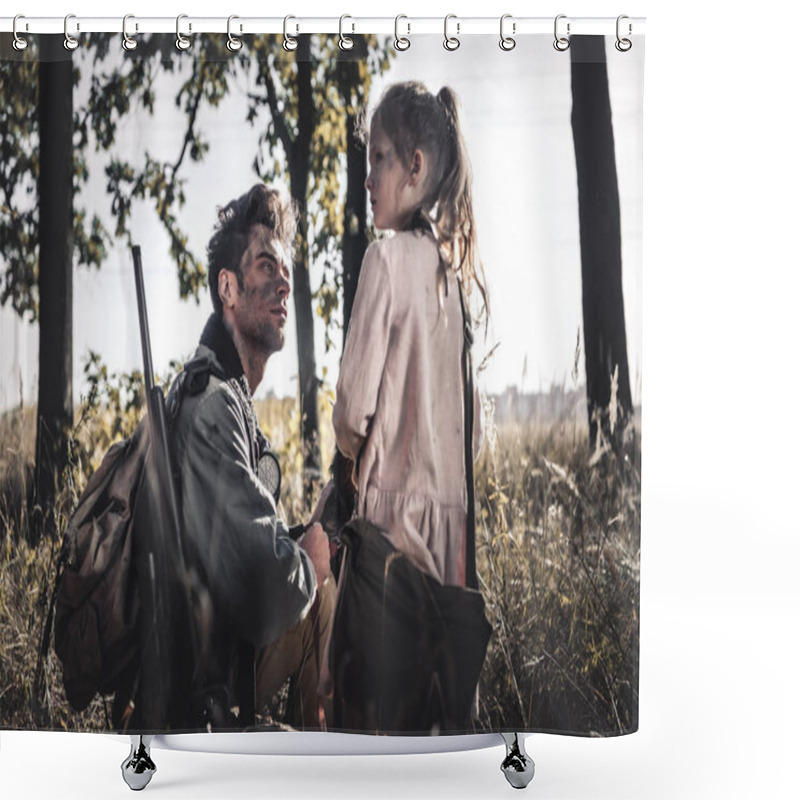 Personality  Handsome Man Looking At Dirty Kid In Field, Post Apocalyptic Concept Shower Curtains