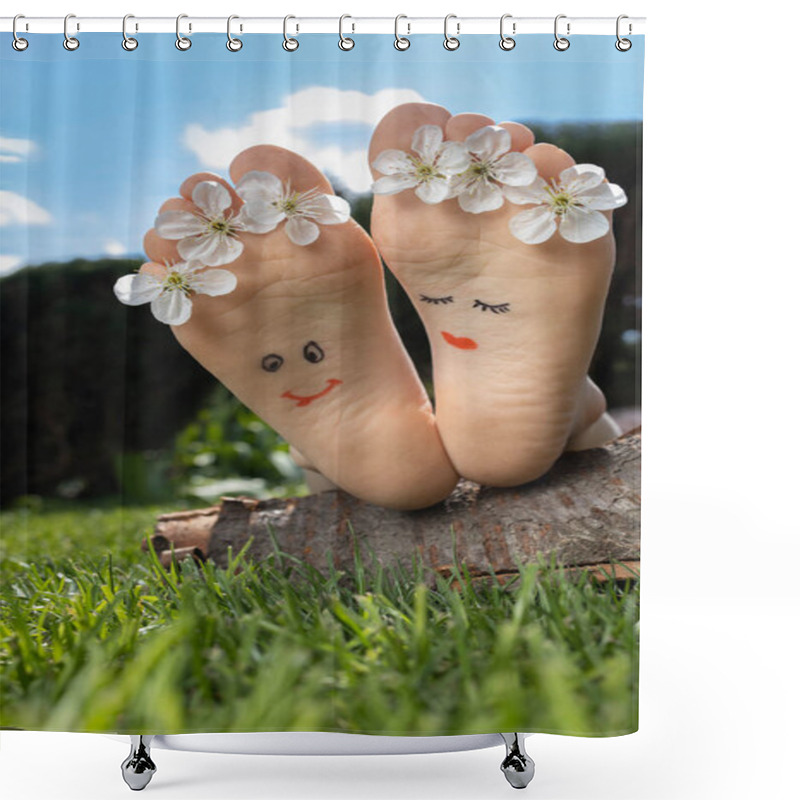 Personality  Bare Feet Of Child Lying On Grass, Between Toes Are White Flowers From Blooming Spring Tree. Smiling Faces Are Painted On Children's Bare Feet. Sunny Day, Positive Atmosphere, Childhood. Hello Spring. Shower Curtains