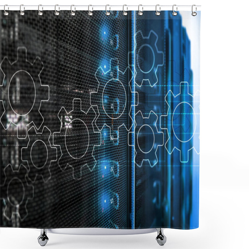 Personality  Gears Mechanism, Digital Transformation, Data Integration And Digital Technology Concept. Shower Curtains