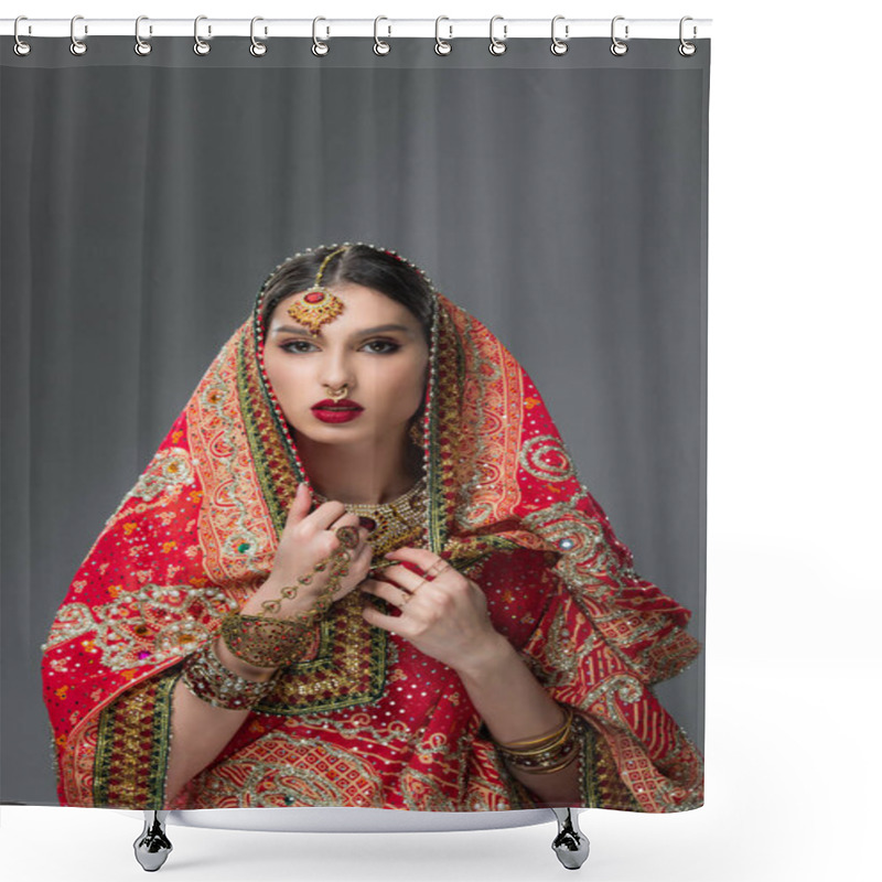 Personality  Beautiful Indian Woman Posing In Traditional Sari, Isolated On Grey  Shower Curtains