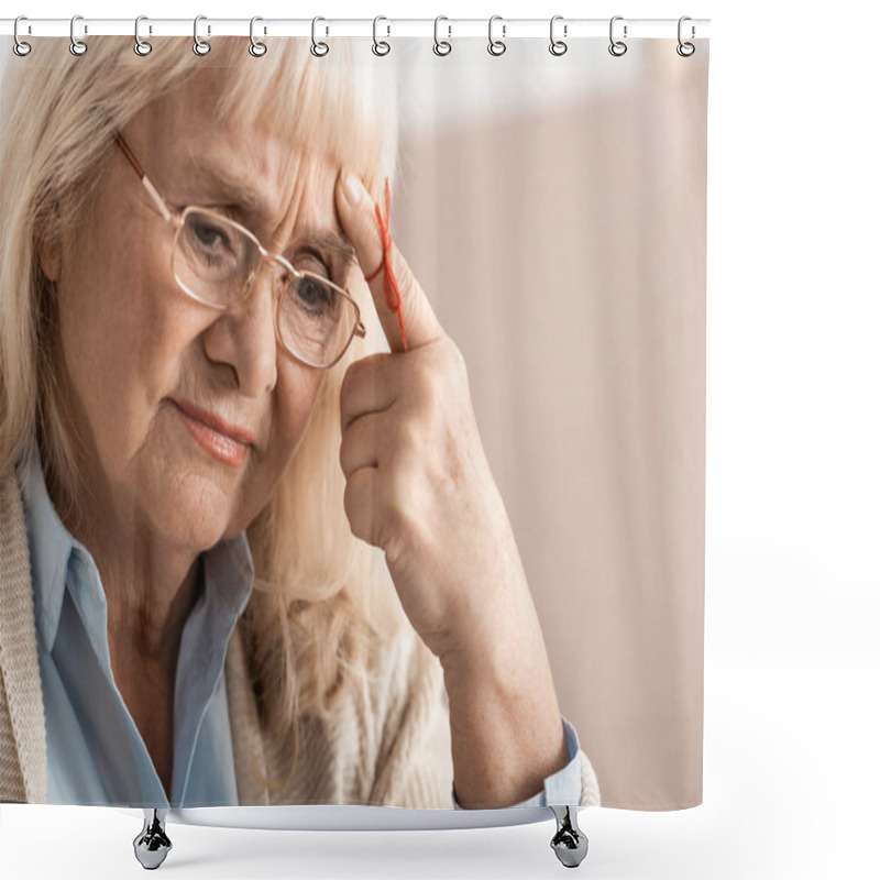 Personality  Pensive Senior Woman With Alzheimers Disease String Human Finger Reminder  Shower Curtains