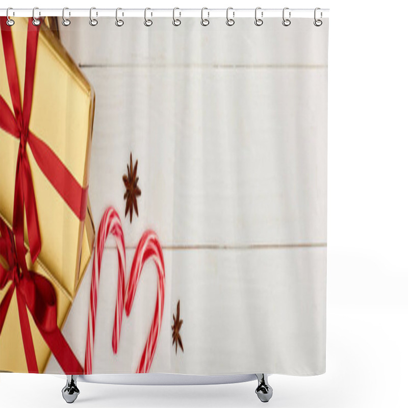 Personality  Top View Of Christmas Gift Boxes And Candy Canes On White Wooden Table  Shower Curtains