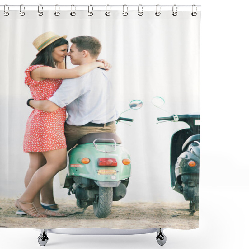 Personality  Happy Young Couple In Love On Retro Motorbike Driving Togetger And Ejoying The Trip Near The Ocean. Shower Curtains