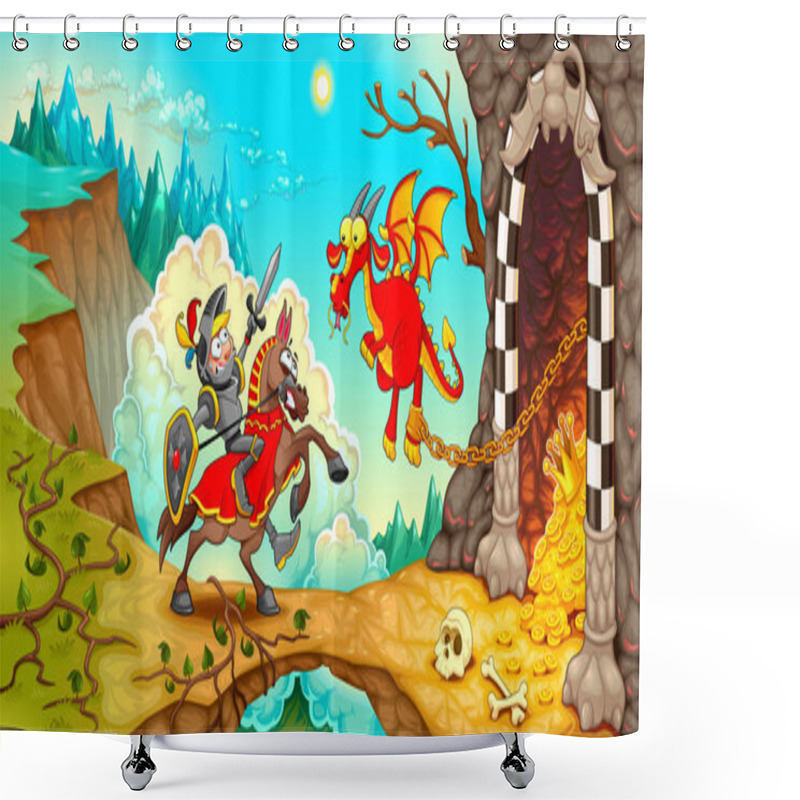 Personality  Knight Fighting The Dragon With Treasure In A Mountain Landscape. Funny Cartoon Medieval Fantasy Vector Illustration. Shower Curtains