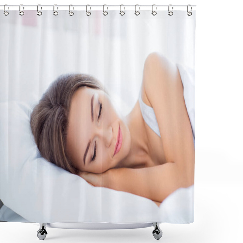 Personality  Portrait Of Sleepy Woman Having Sweet Dreams Keeping Eyes Closed Enjoying Recreation Having Natural Makeup Shower Curtains